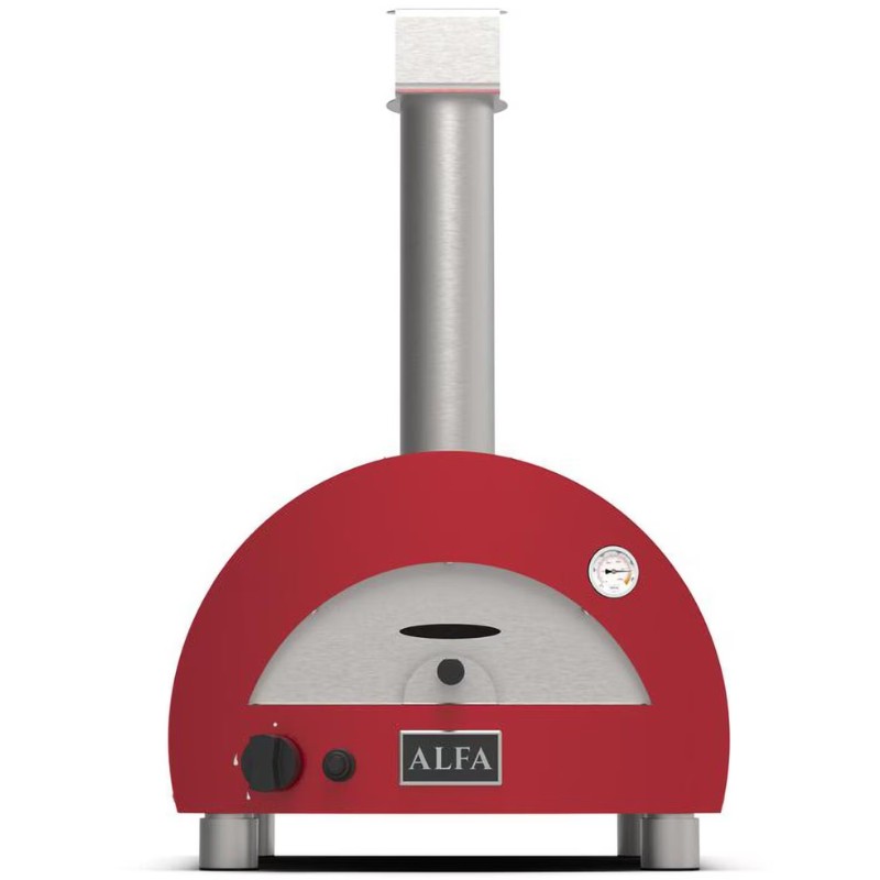 Red Alfa pizza oven with stainless steel chimney and temperature gauge, designed for outdoor cooking.
