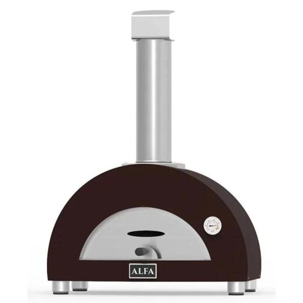 Alfa outdoor pizza oven with a chimney and temperature gauge, featuring a sleek brown design for efficient cooking.