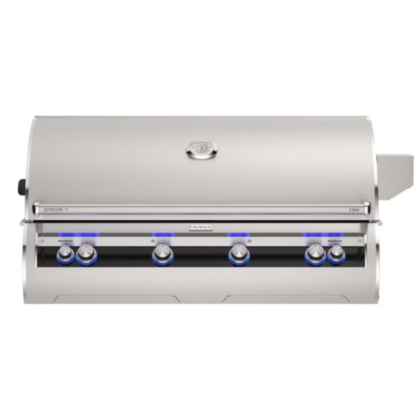 Stainless steel outdoor gas grill with four burners, illuminated control knobs, and built-in temperature gauge. Ideal for high-performance grilling and outdoor cooking.