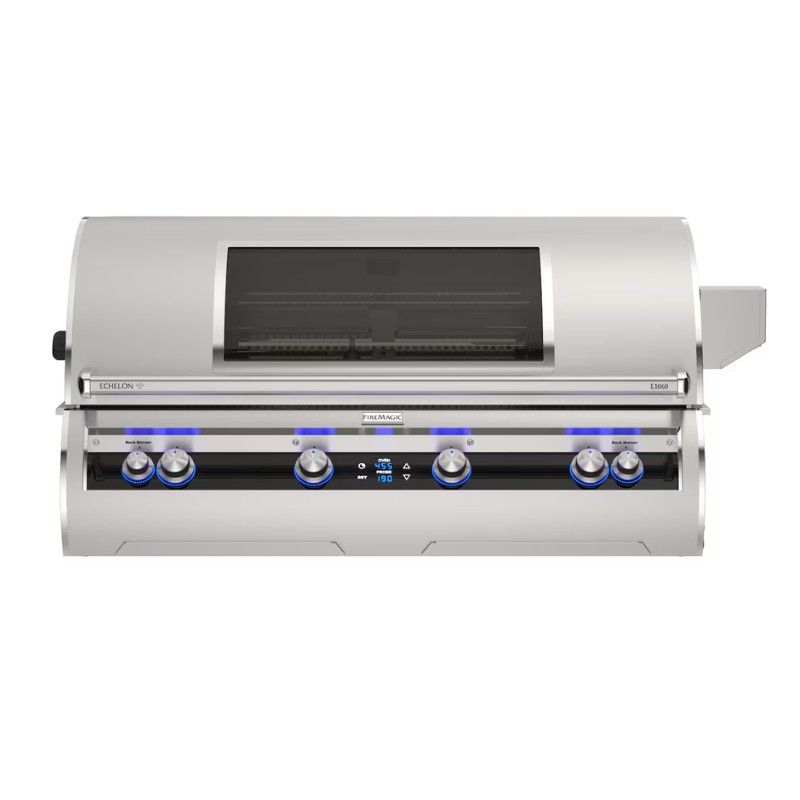 Fire Magic Echelon E660 built-in gas grill with four control knobs and digital temperature display, featuring a sleek stainless steel design and glass viewing window.