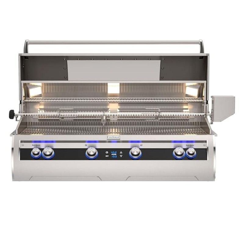 Stainless steel gas grill with four burners, digital display, and interior lights, designed for outdoor cooking and barbecuing.