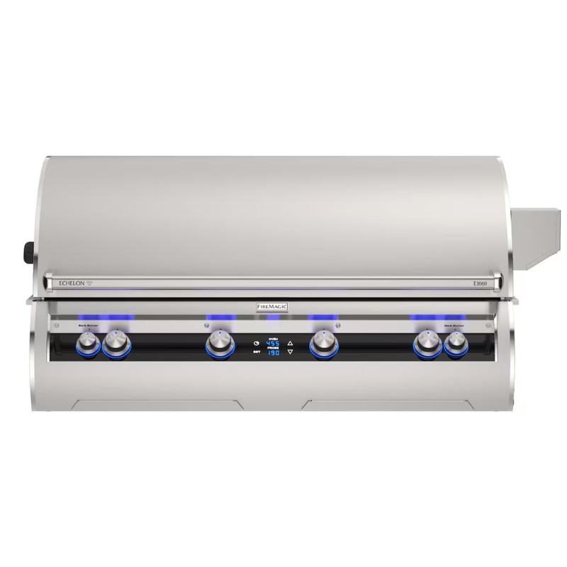 Stainless steel Fire Magic Echelon E106 built-in gas grill with four burners and digital temperature control, featuring blue LED knobs.