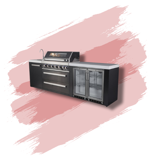 Outdoor kitchen with a built-in gas grill, sleek stainless steel finish, multiple storage drawers, and glass-fronted beverage coolers, set against a bold red background.