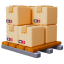 Stacked cardboard boxes on a wooden pallet, commonly used for shipping and storage.
