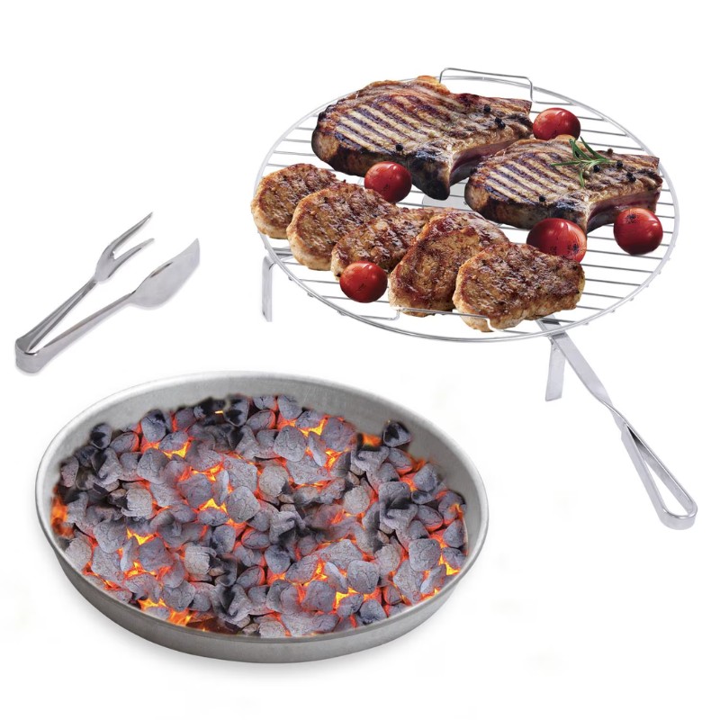 Grilled meats and tomatoes on a rack above glowing charcoal, with grilling tongs beside. Perfect for outdoor barbecues and cooking enthusiasts.