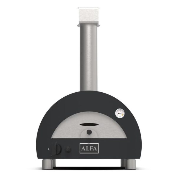 Alfa outdoor pizza oven with stainless steel chimney and temperature gauge, designed for efficient and high-temperature cooking.