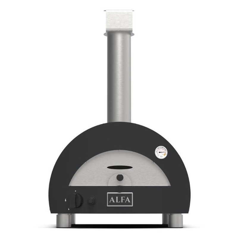 Alfa outdoor pizza oven with stainless steel chimney and temperature gauge, designed for efficient and high-temperature cooking.