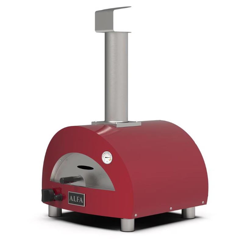 Red outdoor pizza oven with stainless steel chimney and temperature gauge, designed for high-efficiency cooking. Perfect for making authentic wood-fired pizzas.