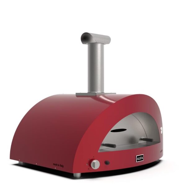 Red outdoor pizza oven by Alfa, featuring a sleek design and stainless steel chimney, ideal for making authentic Italian pizza.