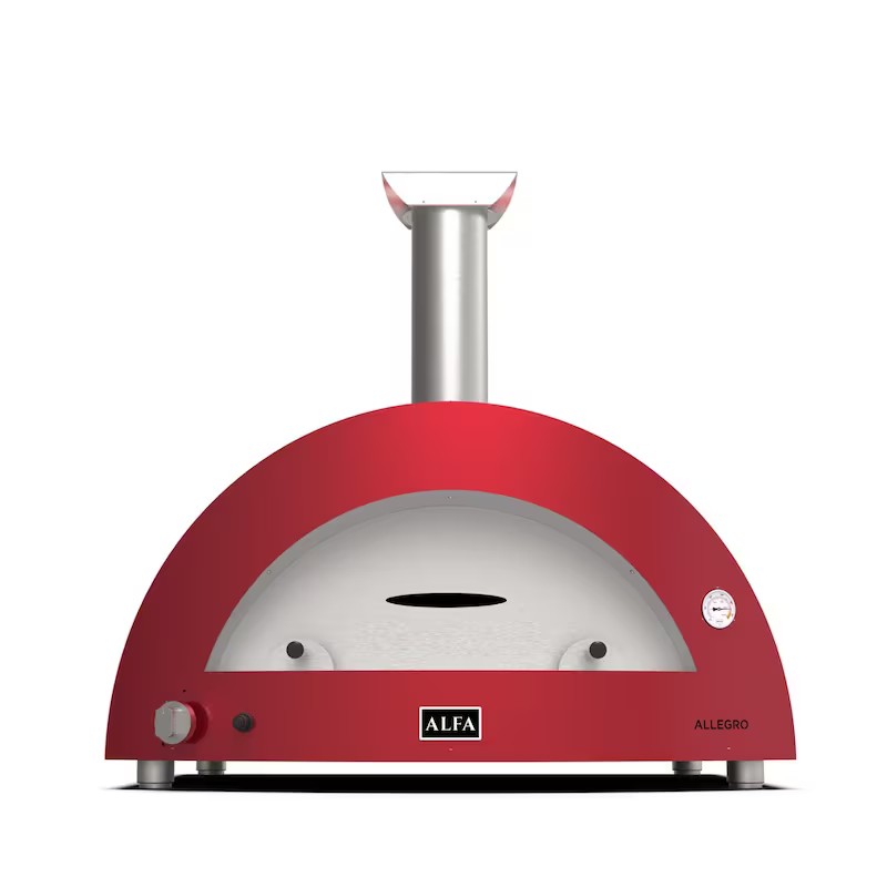Alfa Allegro pizza oven in bright red, featuring a curved design, chimney, and temperature gauge, ideal for outdoor cooking.