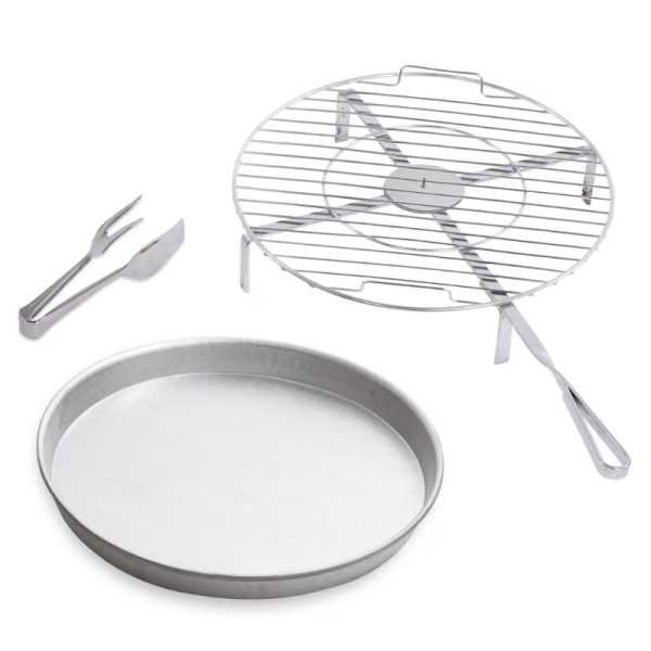 Stainless steel grilling accessories including a cooking grate, a round drip pan, and grilling tongs for outdoor barbecue use.