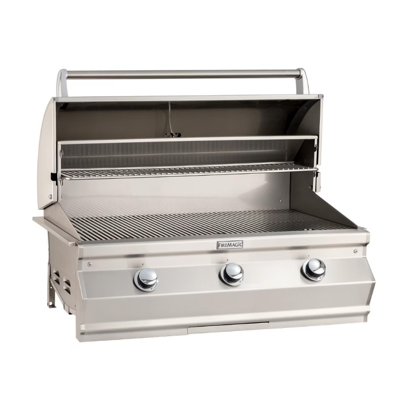 Stainless steel Fire Magic outdoor grill with three burners and a spacious cooking area, designed for high-performance grilling.