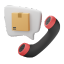 Icon representing customer support for package delivery, featuring a phone and a chat bubble with a package symbol.