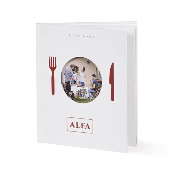 Cookbook titled "ALFA" featuring a circular cutout showcasing a group of people enjoying a meal outdoors, with utensils illustrated on the cover.