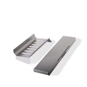 Stainless steel pizza grill tools, including a slotted pizza server and a flat pizza peel, ideal for grilling and serving pizzas.