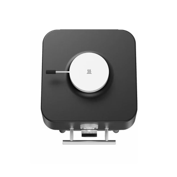 Top view of a modern black electric hot plate with a circular control knob, designed for efficient cooking and heating.