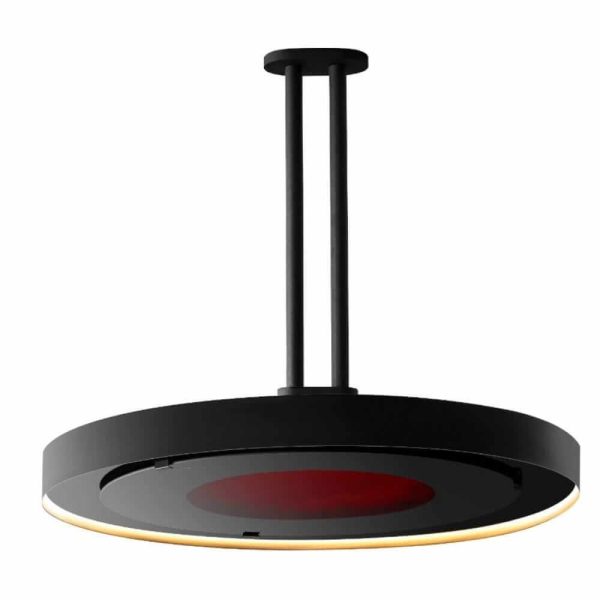 Modern black pendant light with a circular design and warm LED glow, ideal for contemporary home decor.
