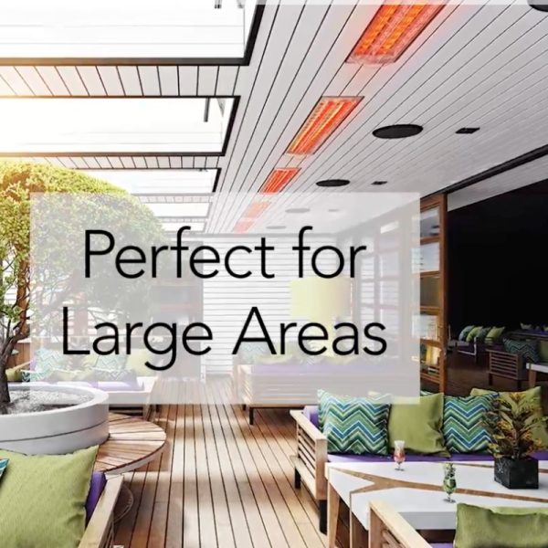 Stylish outdoor seating area with modern decor, featuring radiant heaters, ideal for large spaces and gatherings.