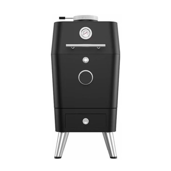 Black vertical smoker with a temperature gauge, control knob, and pull-out drawer on stainless steel legs. Ideal for outdoor cooking and smoking meats.