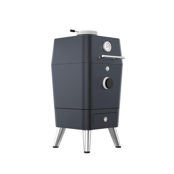 Compact outdoor smoker with sleek design, temperature gauge, and adjustable vent for precise cooking. Ideal for grilling and smoking meat.