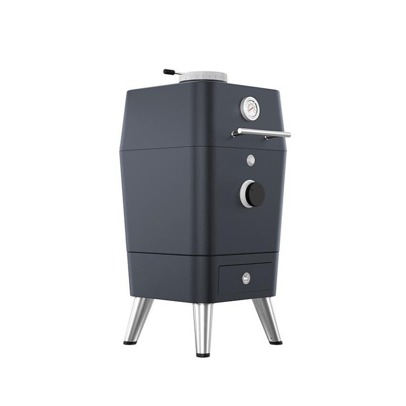 Compact outdoor smoker with sleek design, temperature gauge, and adjustable vent for precise cooking. Ideal for grilling and smoking meat.
