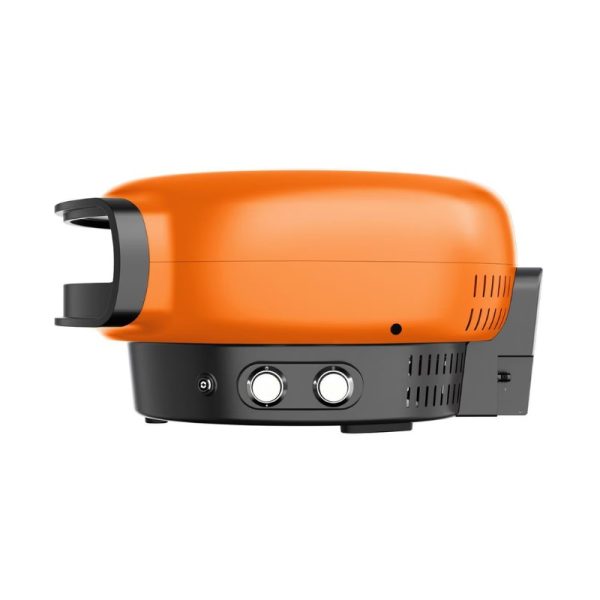 Side view of an orange portable projector showcasing its sleek design, control buttons, and ventilation features. Ideal for home entertainment and presentations.