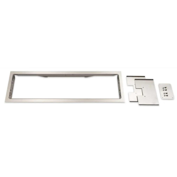 Stainless steel frame and mounting components for installation of a kitchen appliance, including brackets and screws.