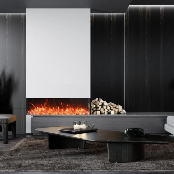 Modern living room featuring a sleek electric fireplace with glowing flames, a minimalist coffee table, and a stack of firewood, creating a cozy yet contemporary atmosphere.