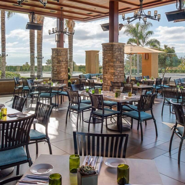 Outdoor dining area featuring modern tables and chairs, surrounded by palm trees and natural light, ideal for a relaxing meal.
