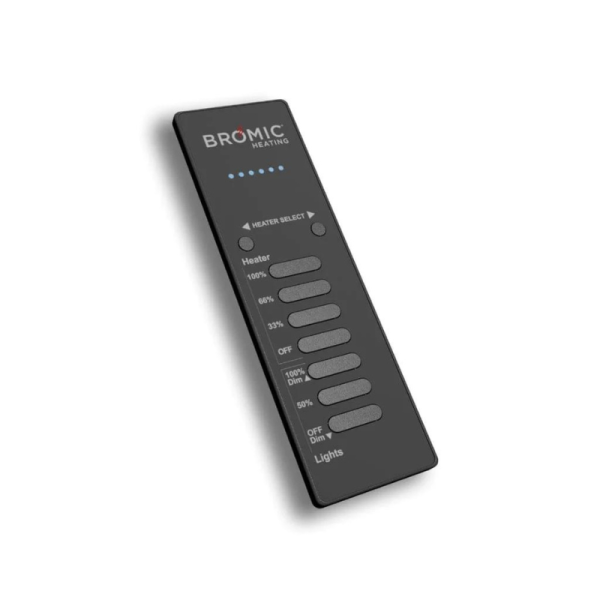 Bromic heating remote control with buttons for heater settings and light dimming options.