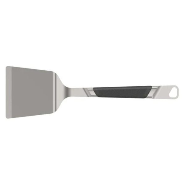 Stainless steel spatula with a black rubber grip, ideal for flipping and serving food.