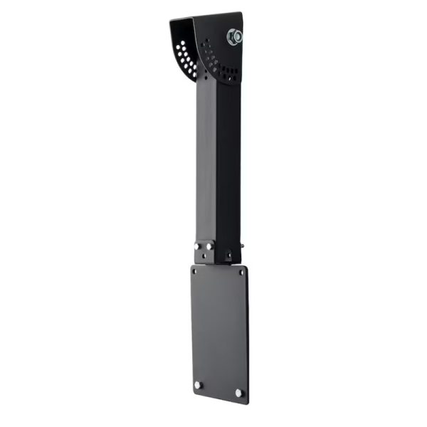Black metal mounting bracket with perforated design for secure installation, featuring a flat base plate for stability. Ideal for various applications.