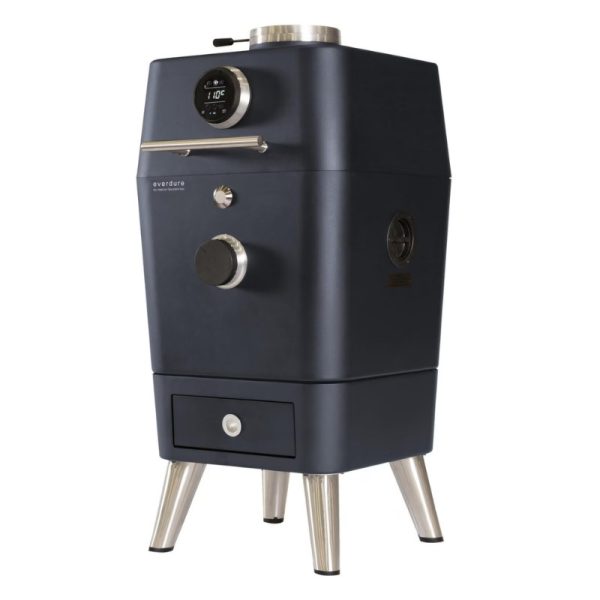 Everdure outdoor smoker with digital display and stainless steel legs, designed for easy temperature control and stylish grilling.
