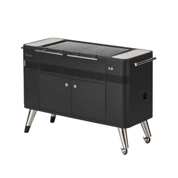 Modern black outdoor grill with stainless steel legs and storage compartments, ideal for barbecues and outdoor cooking.