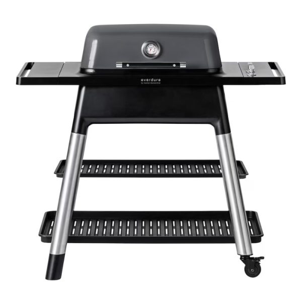 Modern outdoor gas grill with a sleek design, featuring a built-in temperature gauge and two sturdy shelves for storage. Ideal for backyard barbecues and outdoor cooking.