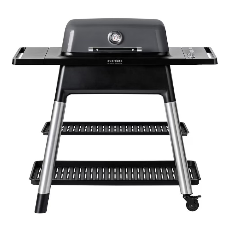 Modern outdoor gas grill with a sleek design, featuring a built-in temperature gauge and two sturdy shelves for storage. Ideal for backyard barbecues and outdoor cooking.