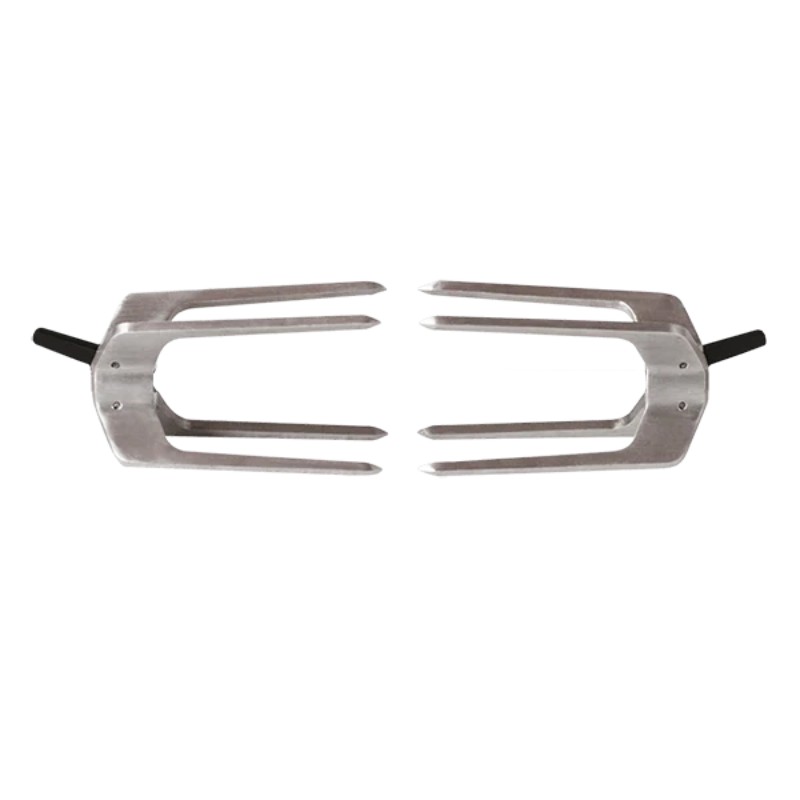 Stainless steel garden fork with dual prongs for efficient soil aeration and cultivation. Ideal for gardening and landscaping tasks.