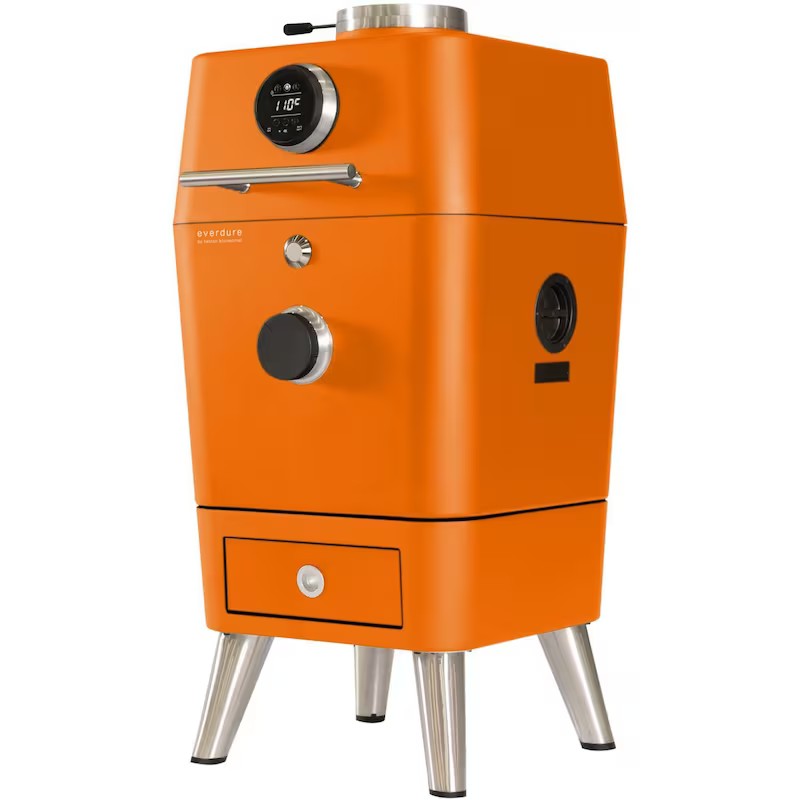 Bright orange outdoor smoker with digital temperature display, adjustable knobs, and a storage drawer, designed for efficient grilling and smoking. Ideal for backyard cooking enthusiasts.