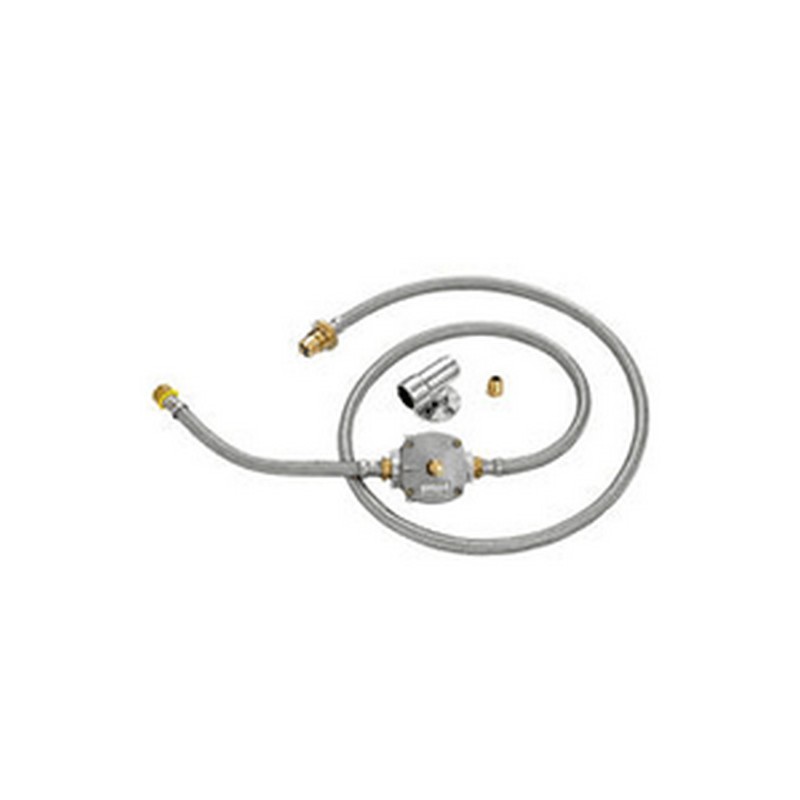 Gas regulator and hose assembly with connection fittings for outdoor cooking appliances. Ideal for propane or natural gas setups.