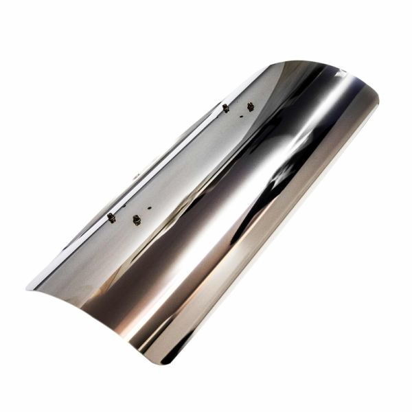 Polished stainless steel exhaust heat shield designed for automotive applications, featuring a curved shape and mounting holes for easy installation.