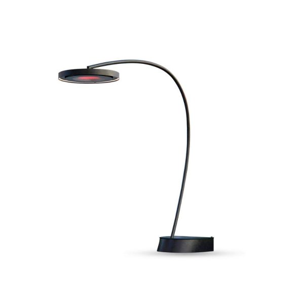 Modern black desk lamp with an adjustable curved arm and circular shade, ideal for home or office lighting.