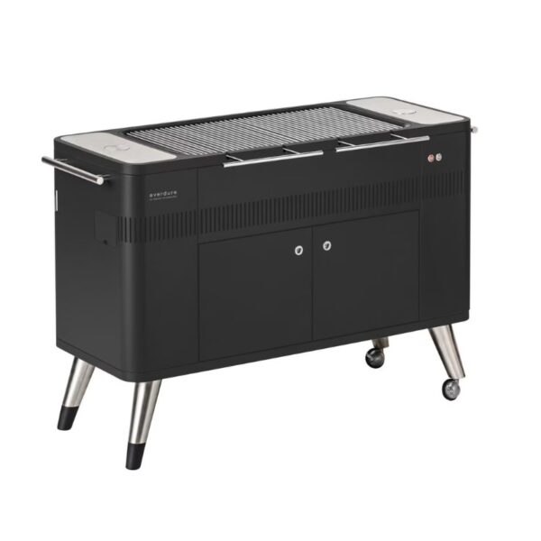 Modern black outdoor grill with stainless steel legs and storage cabinets, designed for efficient grilling and entertaining.