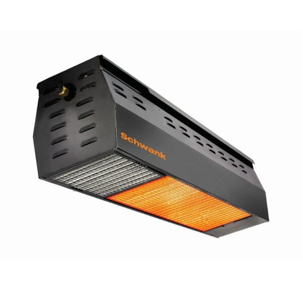 Schwank infrared heater designed for outdoor heating, featuring a sleek black exterior and a warm glow from the heating element. Ideal for patios and outdoor spaces.