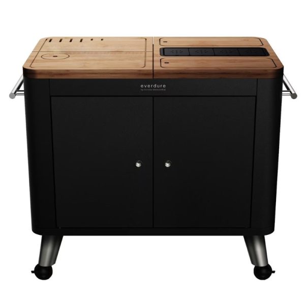 Everdure outdoor kitchen unit featuring a bamboo countertop, sleek black cabinet, and storage space, ideal for grilling and entertaining.