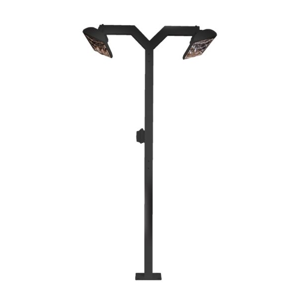 Dual-headed street lamp with a modern black design, ideal for outdoor lighting in urban settings.