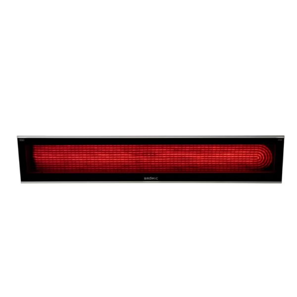 Bromic infrared heater with a sleek black design and a red heating element, ideal for outdoor heating solutions.