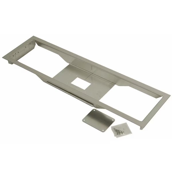 Stainless steel equipment mounting bracket with additional mounting plates and screws, designed for secure installation in various applications.