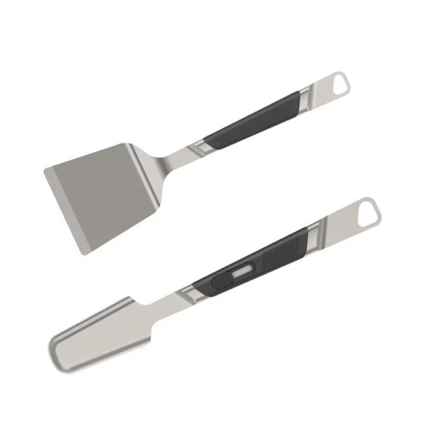 Stainless steel cooking spatula and turner set with ergonomic handles for easy grip and control. Ideal for grilling and flipping food.