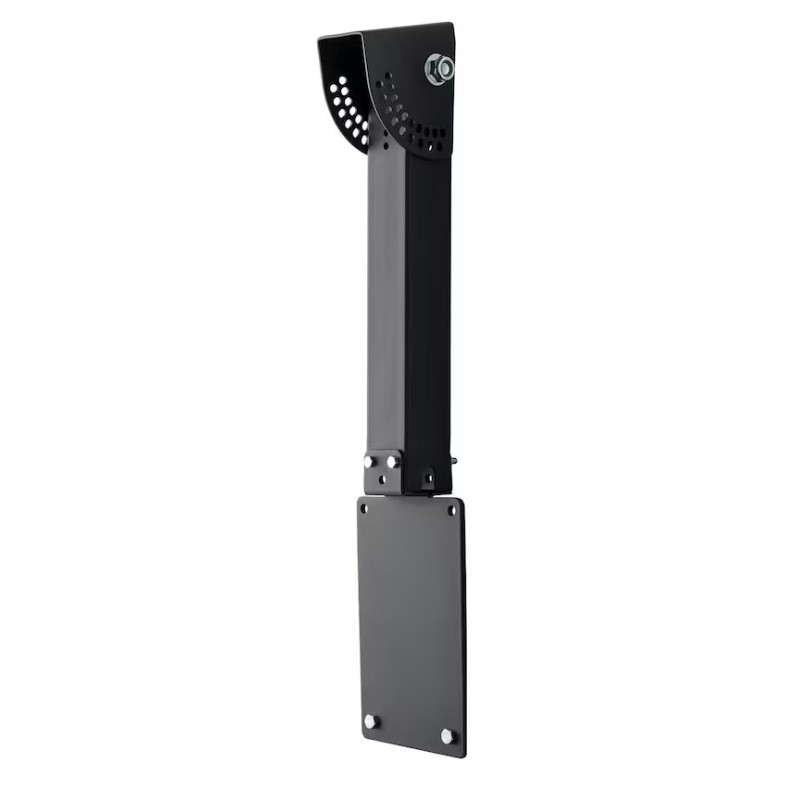 Black metal mounting bracket with a vertical support and a rectangular base plate, designed for durability and stability in various applications.
