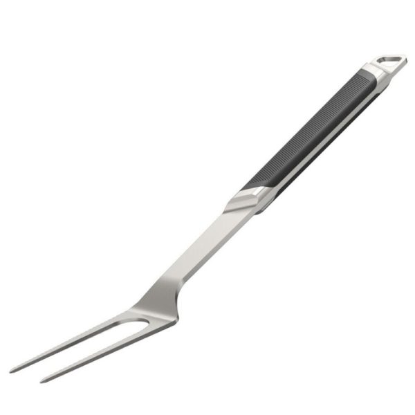Stainless steel grilling fork with a comfortable rubber grip handle, ideal for outdoor cooking and barbecuing.